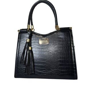 Bebe Los Angeles Black Croc Embossed Satchel Purse Braided Handles Tassel Gold